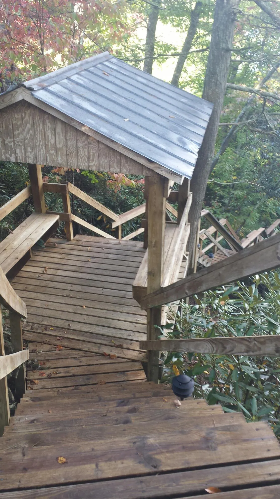 Metal roofed shelter over wooden steps on a wooded walkway — Skylight Repair & Installation work by our crew in Garden City